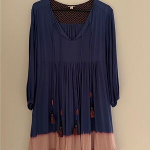 HOLDING HORSES Anthropologie Blue and Pink Tassel Dress